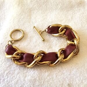 Gold Link Bracelet with Burgundy Leather Weave